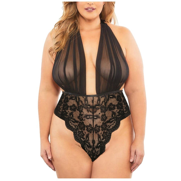 Hot Erotic Lingerie Plus Size Babydoll Sexy Underwear Women Sheer Lace Deep V Sexy Bodysuit Halter Backless Porno Lenceria Mujer